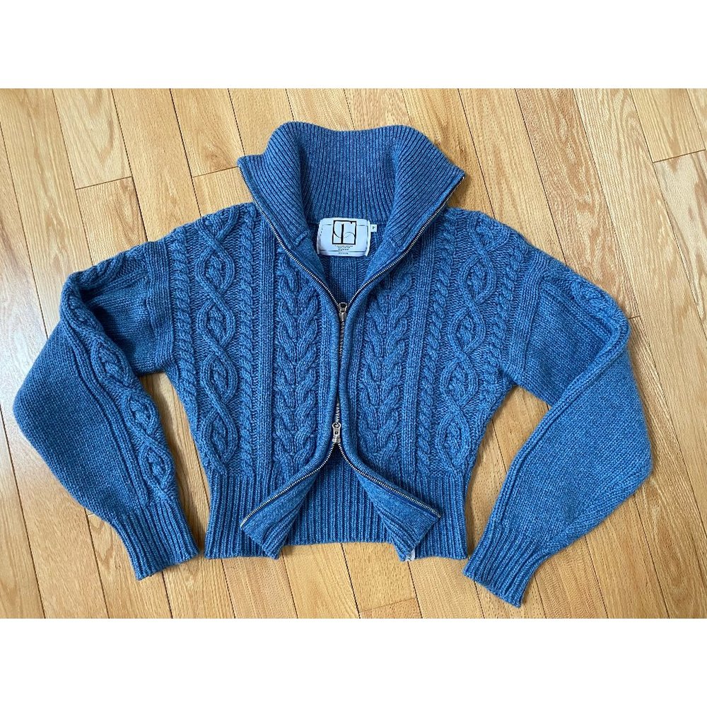 CITYBREEZE Wool Cable Knit Zip Cardigan, light blue